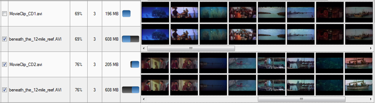 The result of duplicate films is a synchronized timeline thumbnails, and similarity percent