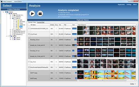 main window of Video Comparer with synchronized timeline thumbnails and image similarity rate