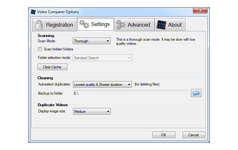 Video Comparer options settings window
